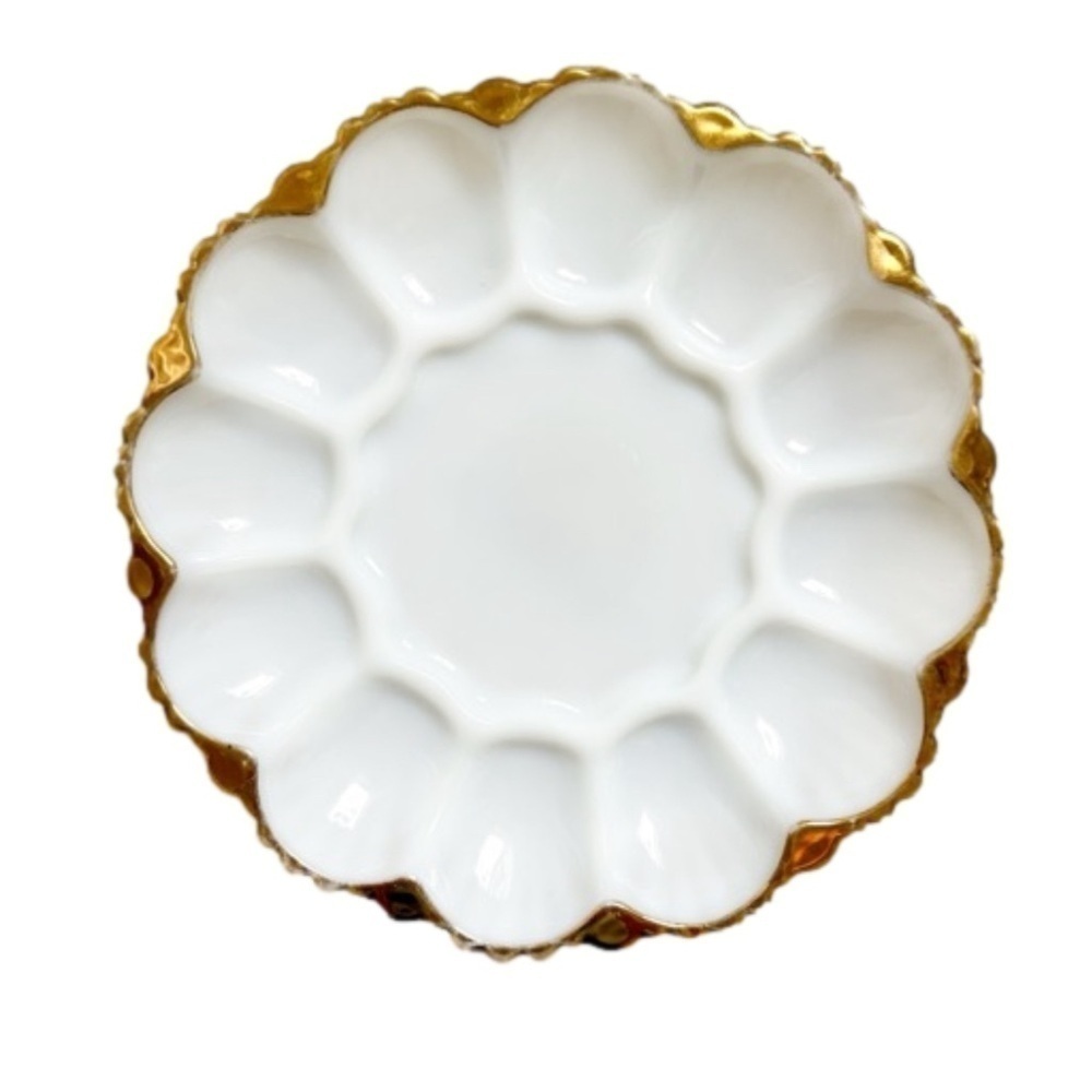 Vintage Milk Glass Devilled Egg  Serving Dish Mid-Century Gold Plated Vintage